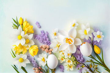 Fototapeta premium Background with copy space and flowers for women. , Pastel colors illustration top view Women's History Month banner. generative AI, generative, ai