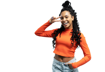 Young smiling friendly positive fun cool cheerful woman 20s showing victory sign isolated on transparent backround