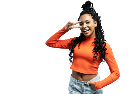 Young smiling friendly positive fun cool cheerful woman 20s showing victory sign isolated on transparent backround