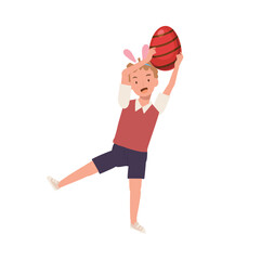 Happy Easter Day. Little boy with bunny ears is happy to found a Big Easter egg. holding big easter egg upper head. Flat style vector illustration.