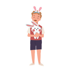 Happy Easter Day. Little boy with bunny ears is holding hugging an adorable bunny. Flat style vector illustration.