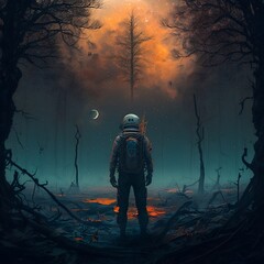 An astronaut standing at the abandoned haunted planet with trees illustration art. Generative AI