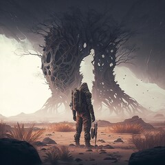 Astronaut standing on mars infront of aliens land.  Generative AI