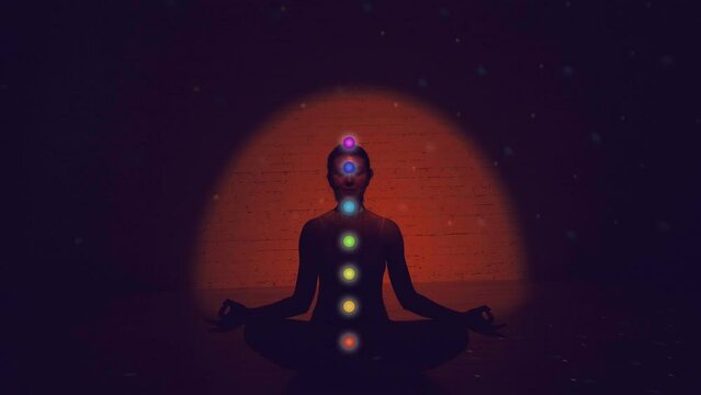 Meditation dark background. Woman with chakras in lotus pose silhouette with moon and stars. Breathing . Mindfulness concept. silhouette of meditating person, light streak and sparks.
