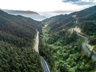 Winding mountain road, green forest aerial photography