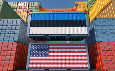 Cargo containers with USA and Estonia national flags. 3D Rendering 
