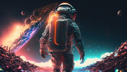 Fototapeta na wymiar Colorful, vivid illustrations of astronaut in space surfing on surfboard waves of galaxies generate ai. 