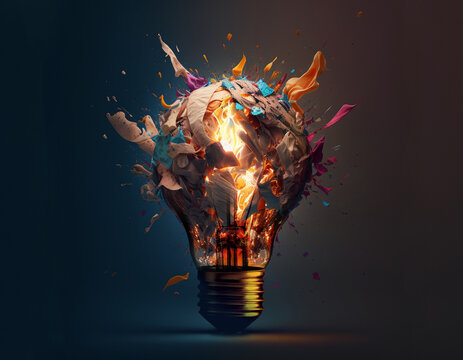 Creative light bulb explodes with splashes of multi-colored paint on a dark background. Creative idea, concept. Think differently. Creation of creative. Generative AI