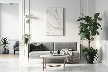 Scandinavian minimalist living room with a plush sofa, a modern marble coffee table, an indoor plant, and a lone blank poster on a white wall. Generative AI