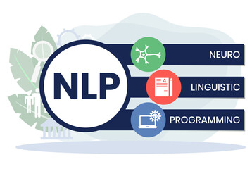 Neuro-linguistic programming NLP vector illustration concept wit icons and keywords. Vector infographic illustration for presentations, sites, reports, banners