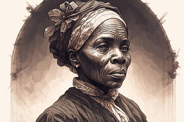 Women's history month | An intricately detailed drawing of Harriet Tubman, featuring delicate lines and shading that capture the complexity of her character and the challenges she faced. Ai - obrazy, fototapety, plakaty
