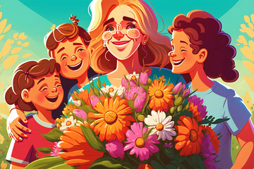 Obraz na płótnie Canvas illustration of smiling mother is surrounded by her loving family, holding a bouquet of colorful flowers, a gift from her children. The background is filled with vibrant spring flowers, generative ai