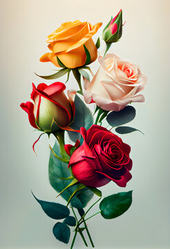 Colorful art photography picture of beautiful romantic vivid colors hyper realistic isolated flowers roses composition on white background