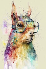 Squirrel wearing eyeglasses, Psychedelic Illustration. Generative AI