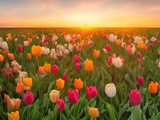 Fotobehang Beautiful field of pink, yellow and white tulips with a sunset © Virginie Verglas