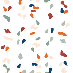 Vector organic seamless abstract background, party confetti pattern. Colorful pastel colored mosaic of simple shapes on white background.