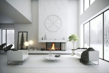 The white walls and contemporary fireplace in this minimalist living room set the tone for the space. Model of the interior,. Generative AI