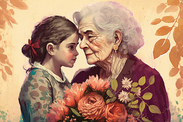 Illustration of Old woman/grandma embracing child happy to receive flower pot gift from young kid, surrounded by flower in background, generative ai