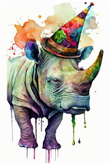 Rhinoceros wearing Hat, Psychedelic Illustration. Generative AI