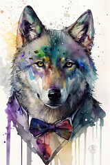 Wolf wearing Bow ties, Psychedelic Illustration. Generative AI