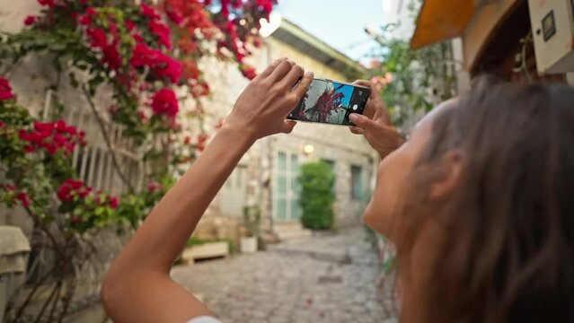 slow motion Close up young attractive woman photographer traveler holding phone photographing beautiful facade with pink and red flowers on mobile phone camera.