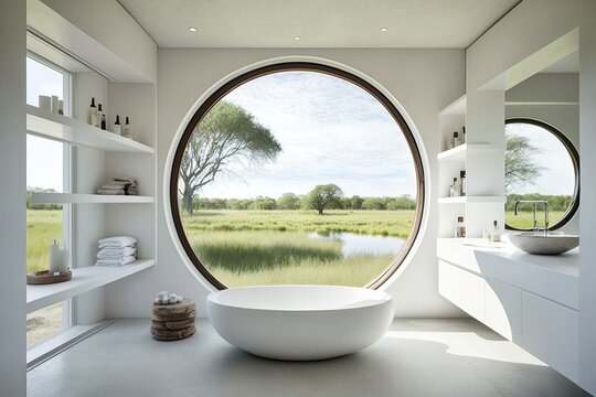 Bathroom interior with enormous round mirror, tub, shower, large picture window overlooking the countryside, glass divider, and shelving seen from the front. Wet soap, a fluffy towel, pristine white w