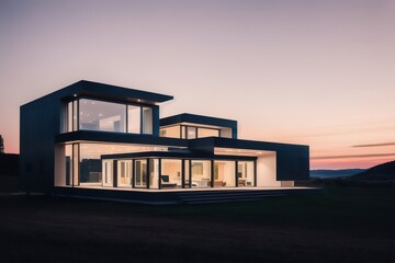 Modern stylish futuristic country house in beautiful evening lights. Beautiful landscape, lawn grass. Generative AI.