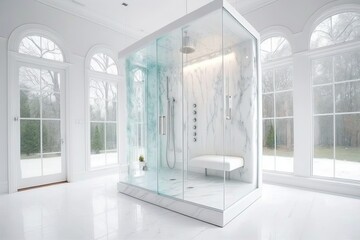 Fototapeta na wymiar Spa like, ultra modern, all white, glass enclosed shower. Generative AI