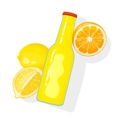 A bottle of orange drink, fresh cooling lemonade.