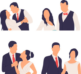 set of bride and groom portrait in flat style isolated vector