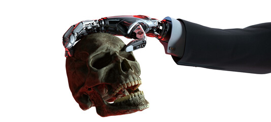 cybernetic arm wrapped in business suit holding human skull. Evolution Artificial intelligence concept. AI killing people. Transparent background
 - obrazy, fototapety, plakaty