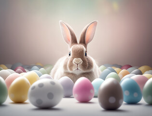 simpatico coniglietto pasquale  in mezzo a piccole  uova di pasqua in toni pastello, sfondo neutro,, biglietto augurale, intelligenza artificiale  - obrazy, fototapety, plakaty