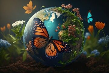 Earth day background with flowers and butterfly, World environment day concept. Generative Ai