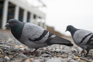 Funny pigeon looks into the camera while standing on the stones.