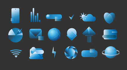 Vector image, a set of icons in a modern style, gradient on a black background