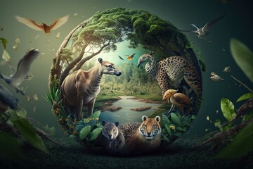 Earth day concept with wildlife background, World environment day. Created by Generative Ai
