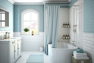 Decorating a bathroom in white and blue with a glass shower enclosure, a niche shelf, a tub with a curtain, a side table, and tiling. An image of a contemporary dwelling. Generative AI