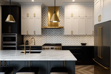 29 DECEMBER 2019 CHICAGO, IL, USA White herringbone marble countertops and backsplash, black and white cabinets, gold fixtures. Generative AI
