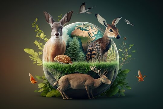 Earth day concept with wildlife background, World environment day. Created by Generative Ai