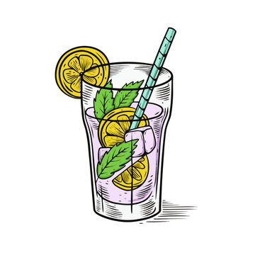 Lemon cocktail hand drawn colorful cartoon style vector.