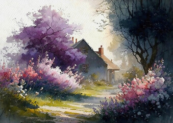 Watercolor paintings spring landscape with house and trees. Beautiful lilac flowers in the garden, watercolor lilac, artwork, fine art