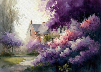Watercolor paintings spring landscape with house and trees. Beautiful lilac flowers in the garden, watercolor lilac, artwork, fine art