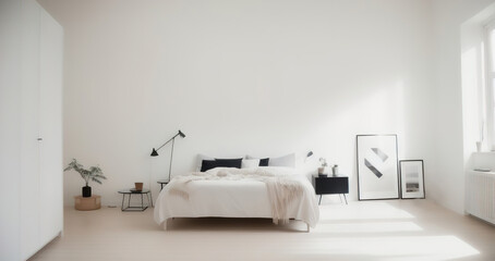 Modern stylish Scandinavian living space design in a minimalist interior. Soft light colors. Generative AI.