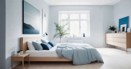 Modern stylish Scandinavian living space design in a minimalist interior. Soft light colors. Generative AI.