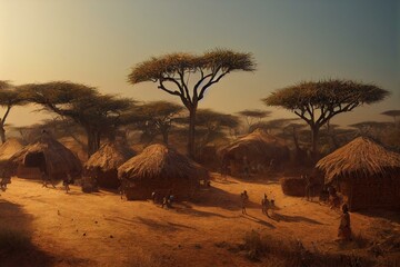 Fototapeta na wymiar A traditional African village, beautiful lighting - generative ai