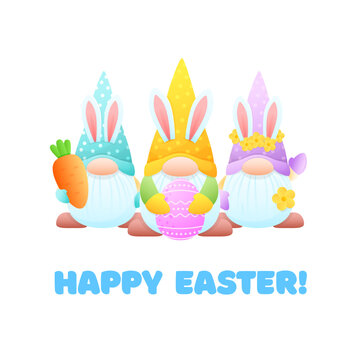 Happy Easter greeting card template. Spring cartoon illustrations of cute gnomes holding carrots, easter eggs and flowers on a white background. Vector 10 EPS.