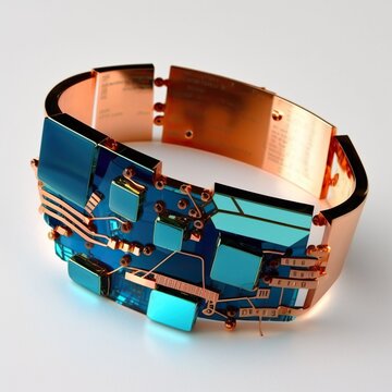 Bracelet Made Of Copper Wire And Circuit Board Pieces In Different Shades Of Blue, Concept Of Circuit Craft And Upcycling, Created With Generative AI Technology