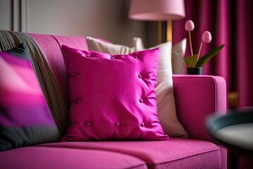 Soft, comfortable cushions on a white sofa in a house decor. Close shot. Viva Magenta, the Pantone color of the year 2023, was used to tone this image. Decorative pink pillow on a sofa in a living roo