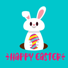 Fototapeta premium Happy Easter. Colorful patterned easter egg and easter bunny on a white background. Spring holiday.