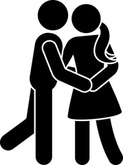 Young stick figure couple kissing and holding each other icon. Black and white illustration silhouette pictogram